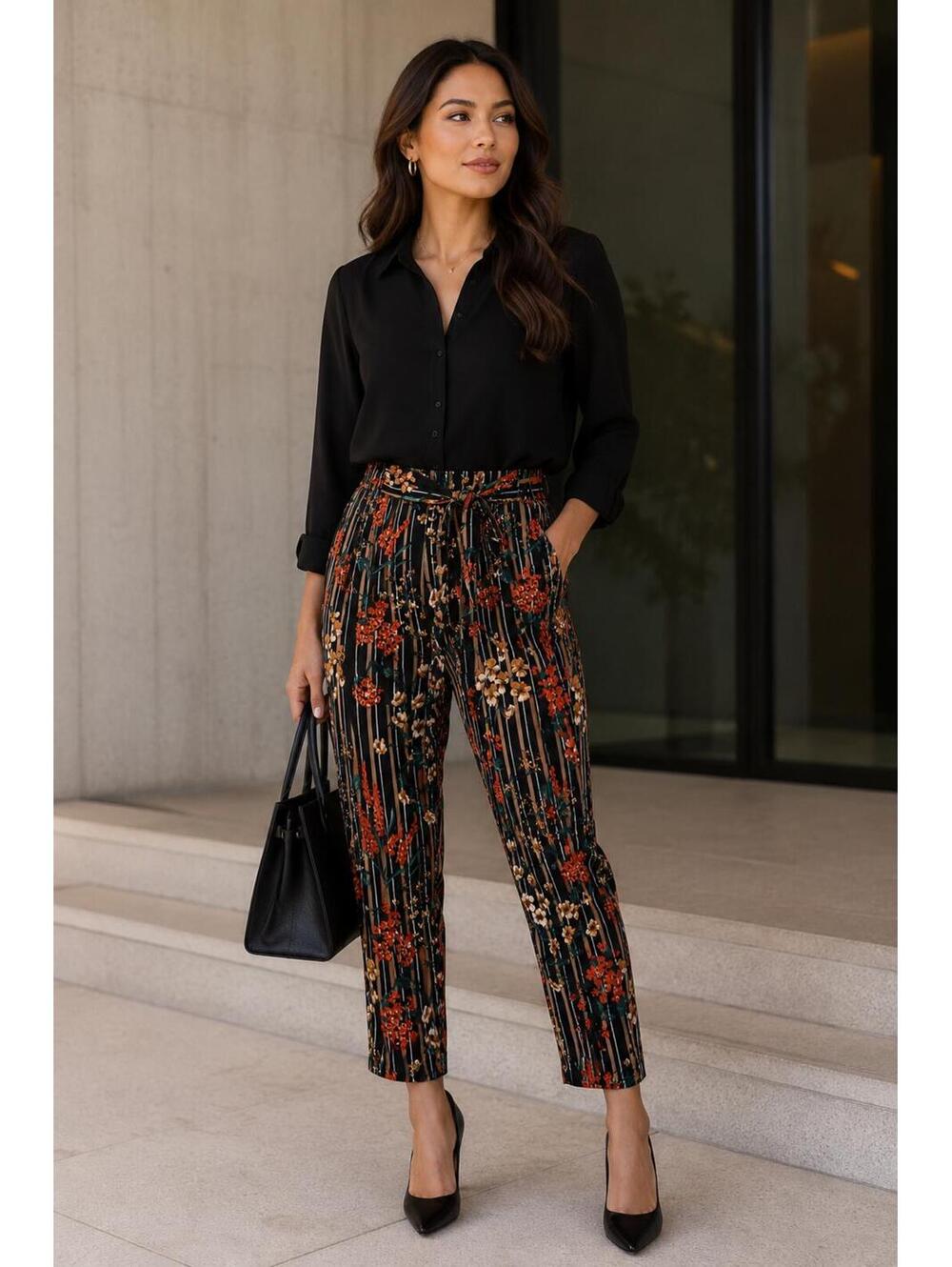 Zara Basic Collection Floral Stripe Tie-Waist Pants – Size Small